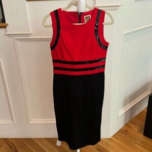 Red and black tank dress with Patten leather trim